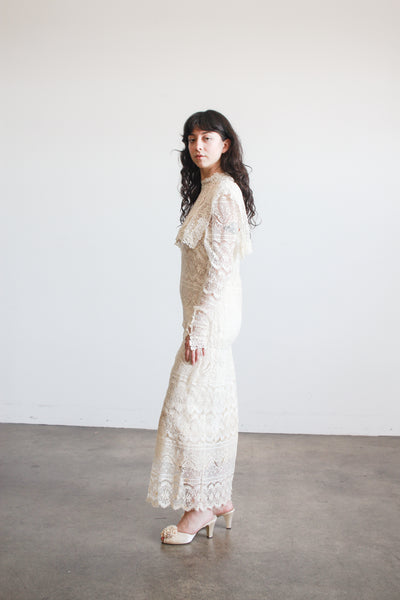 1970s Cream Lace Long Sleeve Bib Dress