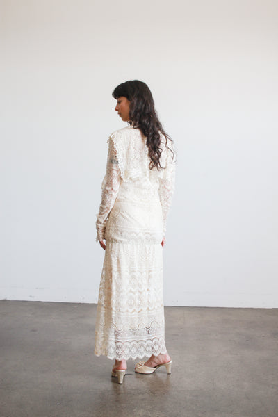 1970s Cream Lace Long Sleeve Bib Dress