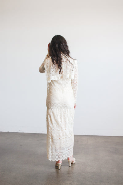1970s Cream Lace Long Sleeve Bib Dress