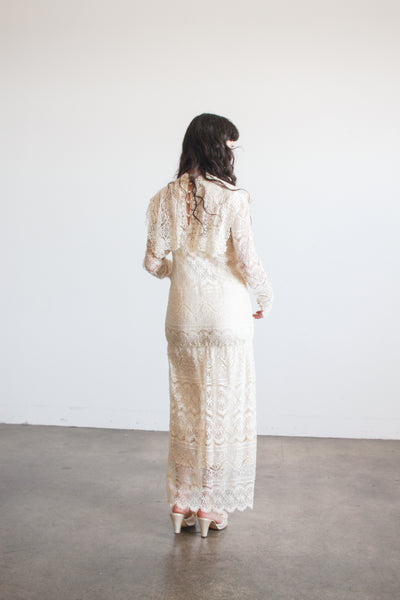 1970s Cream Lace Long Sleeve Bib Dress