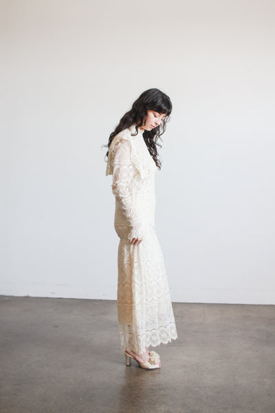 1970s Cream Lace Long Sleeve Bib Dress