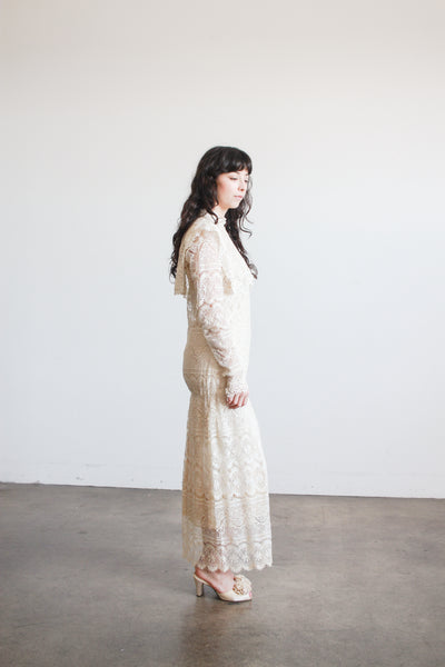 1970s Cream Lace Long Sleeve Bib Dress