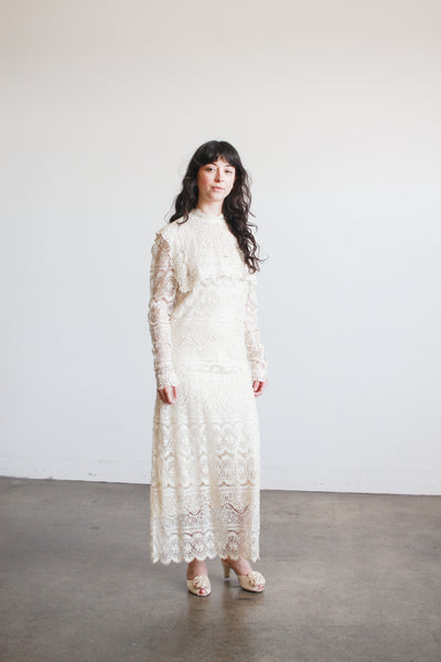 1970s Cream Lace Long Sleeve Bib Dress