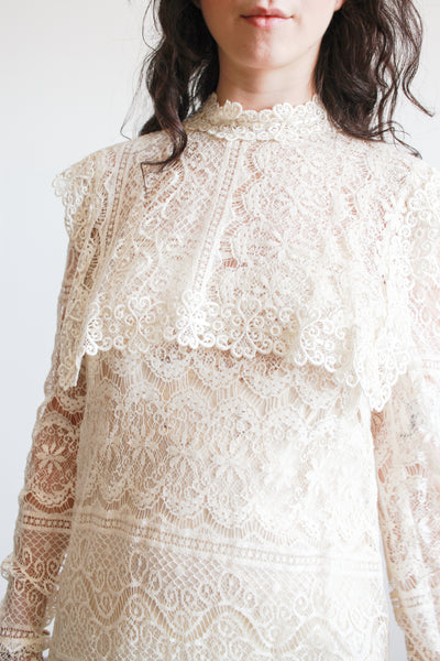 1970s Cream Lace Long Sleeve Bib Dress
