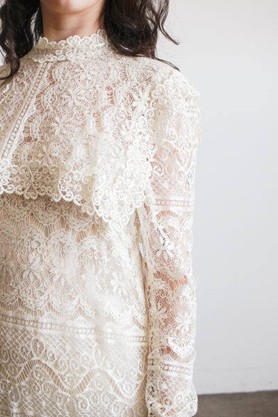 1970s Cream Lace Long Sleeve Bib Dress