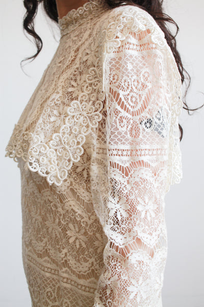 1970s Cream Lace Long Sleeve Bib Dress