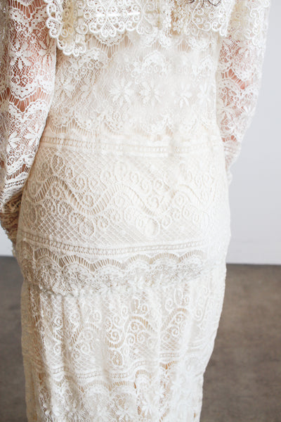 1970s Cream Lace Long Sleeve Bib Dress