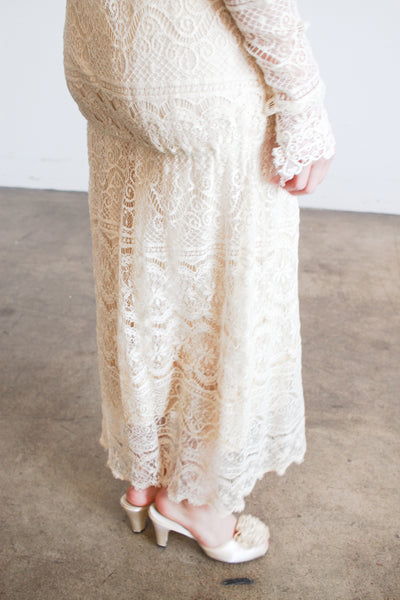 1970s Cream Lace Long Sleeve Bib Dress