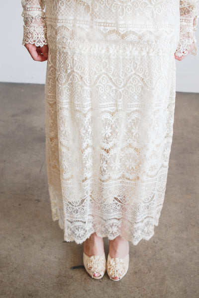 1970s Cream Lace Long Sleeve Bib Dress