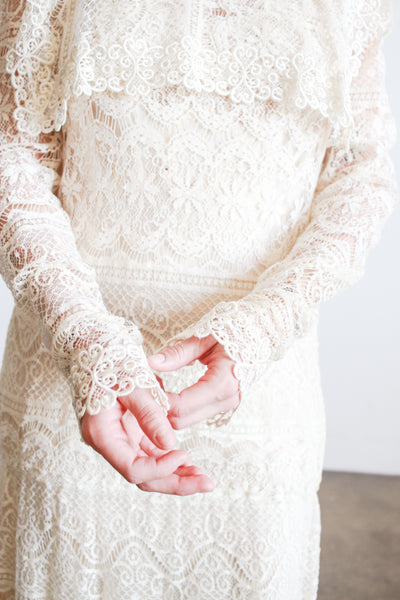 1970s Cream Lace Long Sleeve Bib Dress