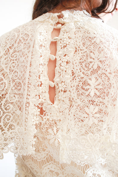 1970s Cream Lace Long Sleeve Bib Dress