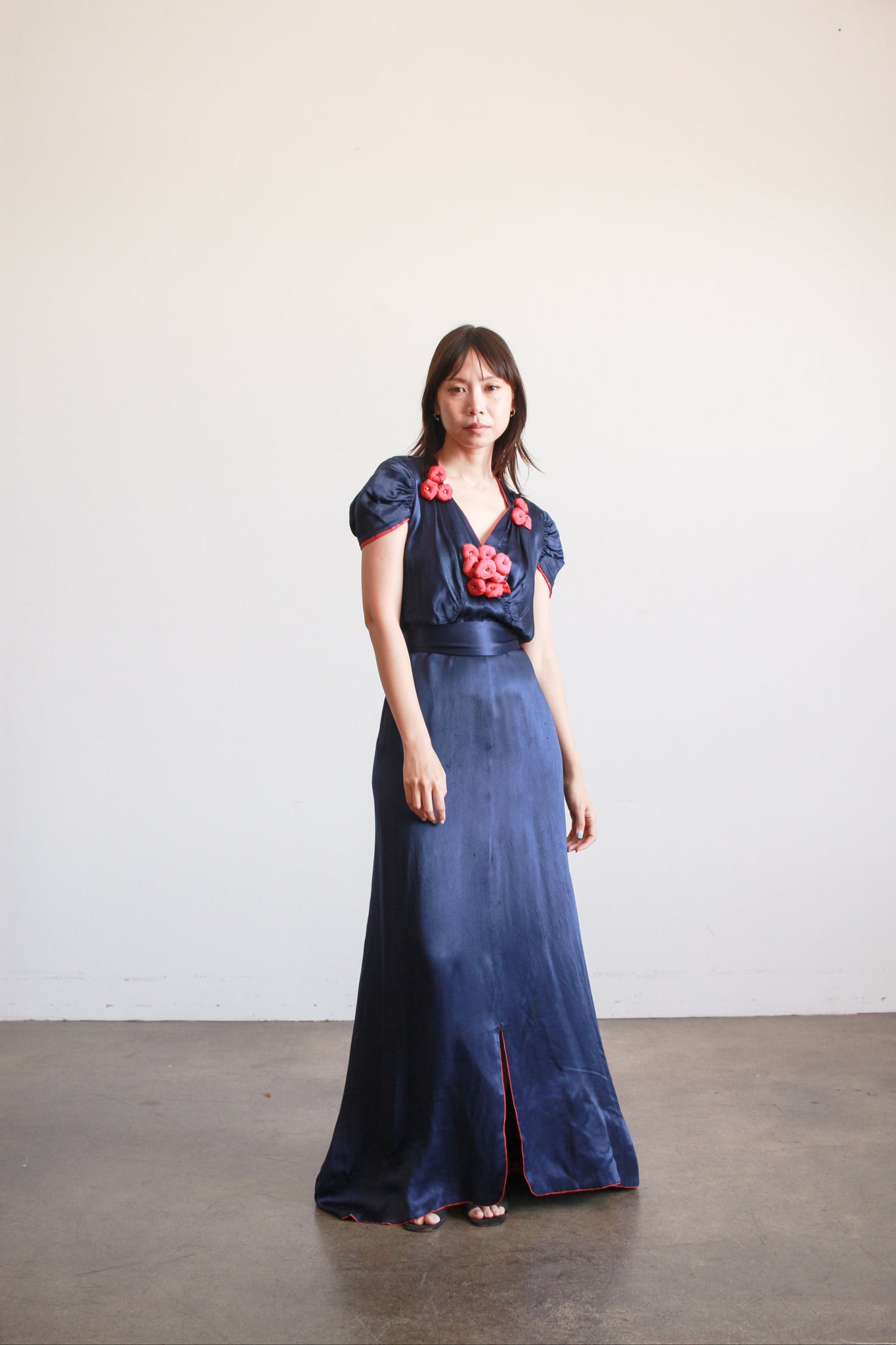 1930s Navy and Red Silk Satin Blossom Dress