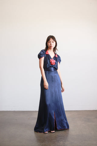 1930s Navy and Red Silk Satin Blossom Dress