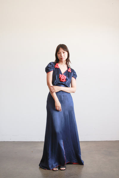 1930s Navy and Red Silk Satin Blossom Dress