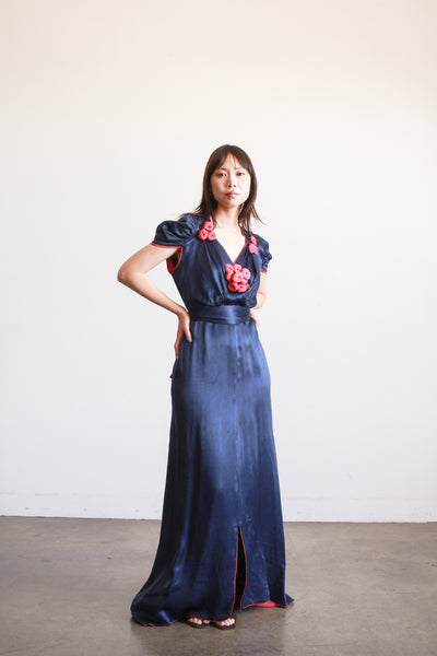 1930s Navy and Red Silk Satin Blossom Dress