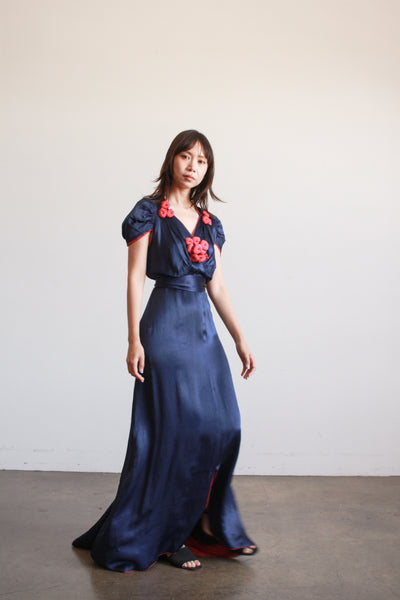 1930s Navy and Red Silk Satin Blossom Dress