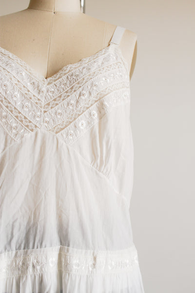 1950s White Tiered Embroidered Slip Dress