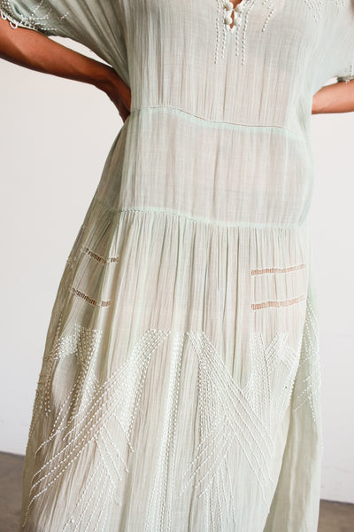 1920s Mint Cotton Voile Beaded Dropwaist Dress