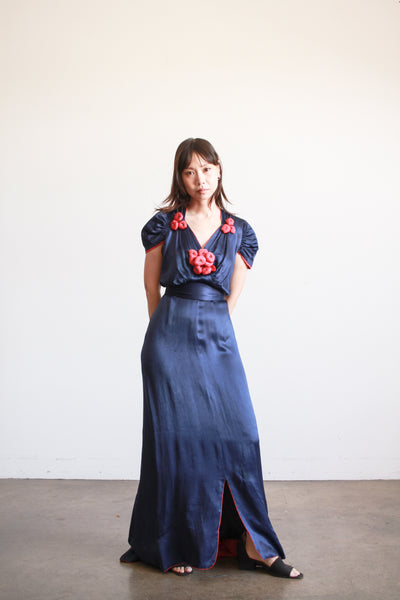 1930s Navy and Red Silk Satin Blossom Dress