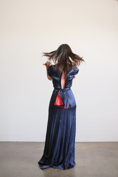 1930s Navy and Red Silk Satin Blossom Dress