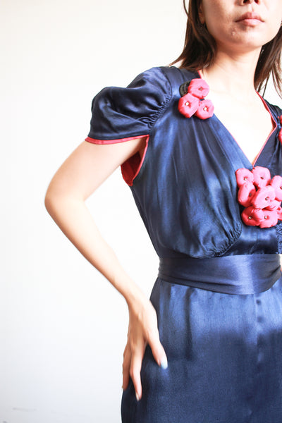 1930s Navy and Red Silk Satin Blossom Dress