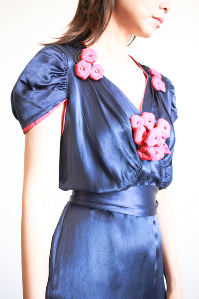 1930s Navy and Red Silk Satin Blossom Dress