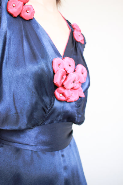 1930s Navy and Red Silk Satin Blossom Dress
