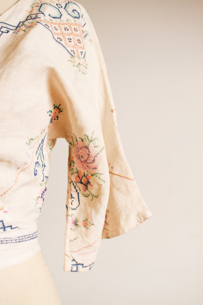 1940s Embroidered Tablecloth Wrap Blouse