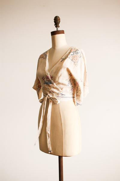 1940s Embroidered Tablecloth Wrap Blouse