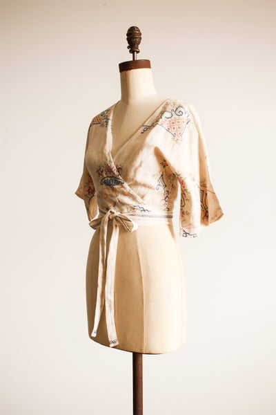 1940s Embroidered Tablecloth Wrap Blouse