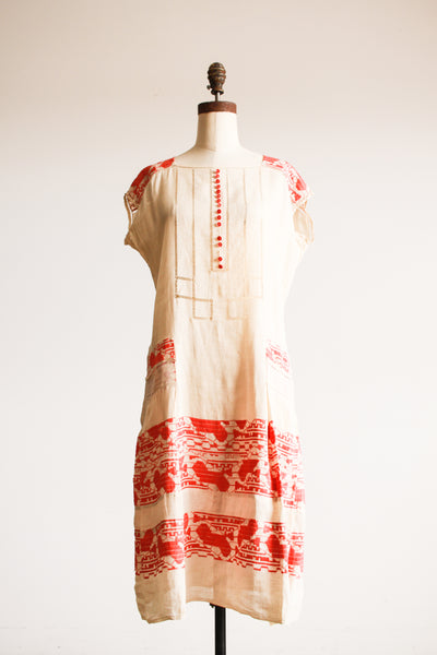 1920s Coral Embroidered Linen Dress