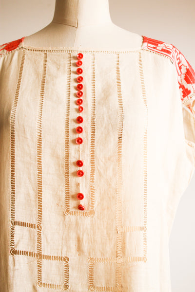 1920s Coral Embroidered Linen Dress