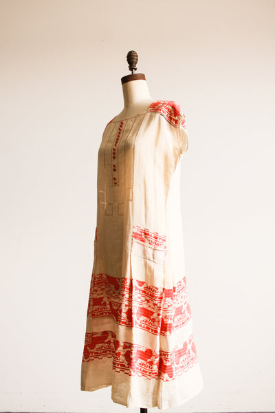 1920s Coral Embroidered Linen Dress