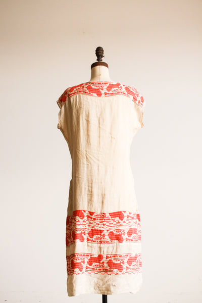 1920s Coral Embroidered Linen Dress