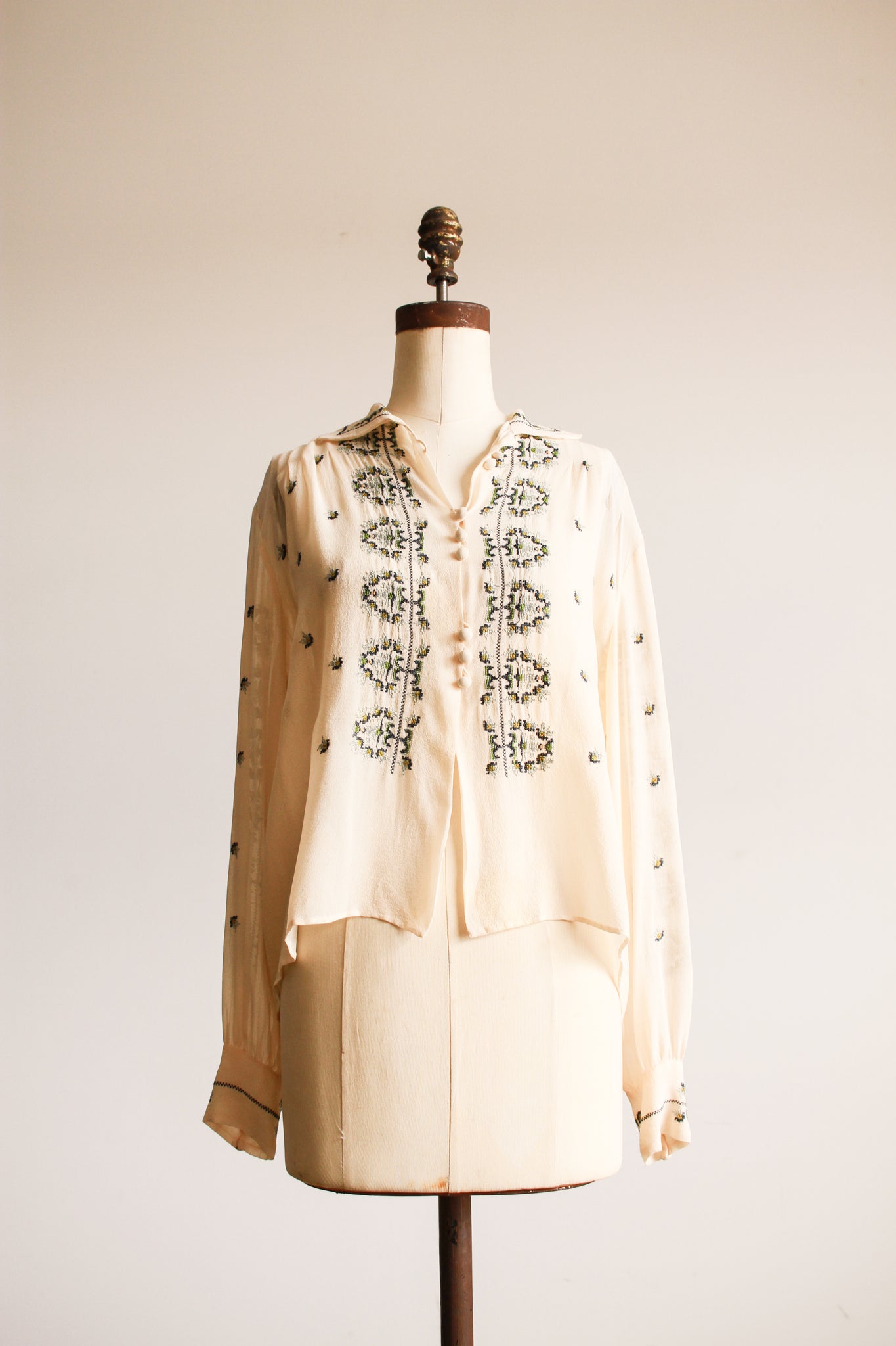 1930s Eastern European Silk Crepe Embroidered Blouse