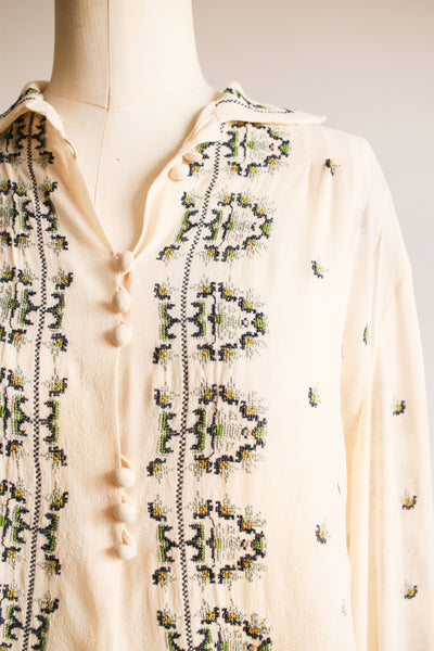 1930s Eastern European Silk Crepe Embroidered Blouse