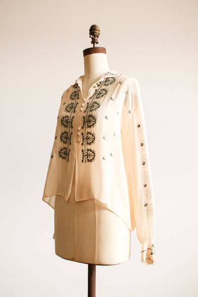 1930s Eastern European Silk Crepe Embroidered Blouse