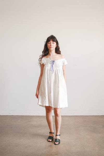 1900s Cream Cotton Ruched Cap Sleeve Nightdress