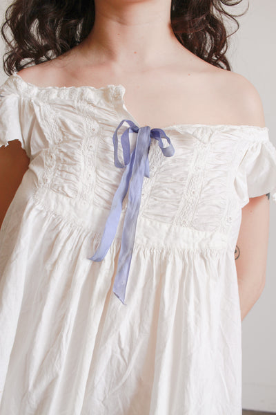 1900s Cream Cotton Ruched Cap Sleeve Nightdress