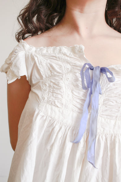 1900s Cream Cotton Ruched Cap Sleeve Nightdress