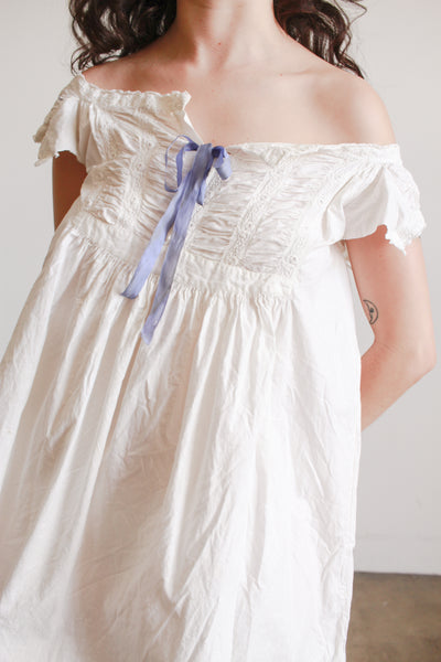 1900s Cream Cotton Ruched Cap Sleeve Nightdress