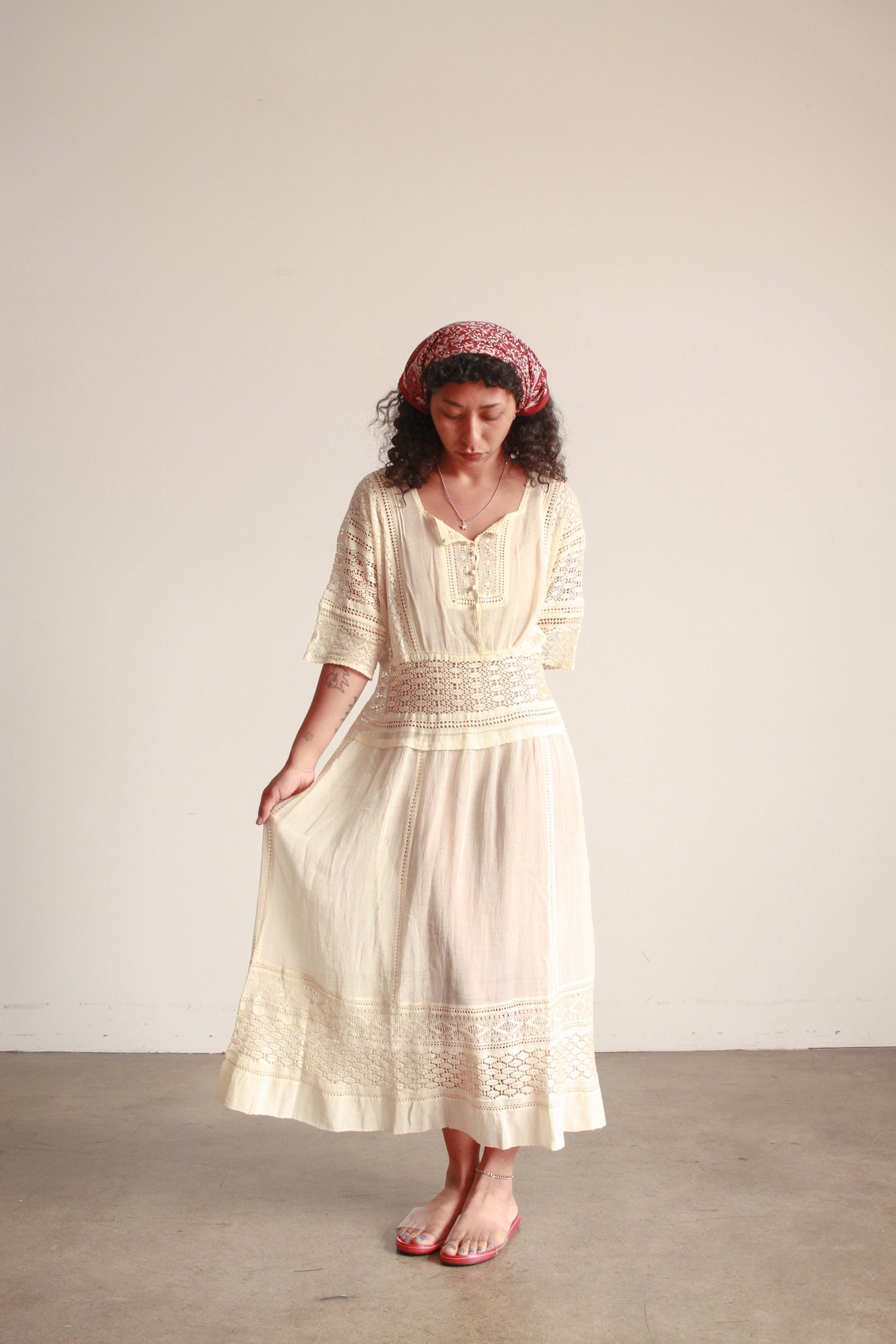 Edwardian Ecru Cotton Voile Crochet Inset Dress