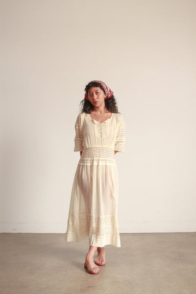Edwardian Ecru Cotton Voile Crochet Inset Dress