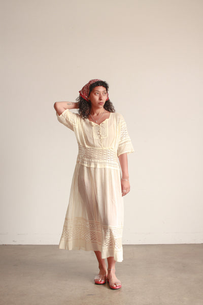 Edwardian Ecru Cotton Voile Crochet Inset Dress