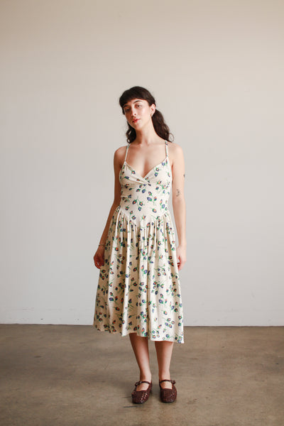 1980s Cotton Rosette Print Midi Dress