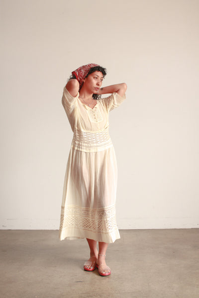 Edwardian Ecru Cotton Voile Crochet Inset Dress