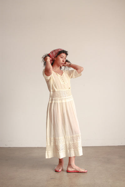 Edwardian Ecru Cotton Voile Crochet Inset Dress