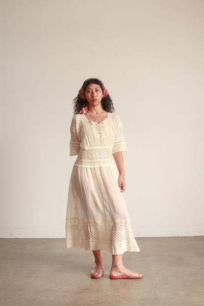 Edwardian Ecru Cotton Voile Crochet Inset Dress