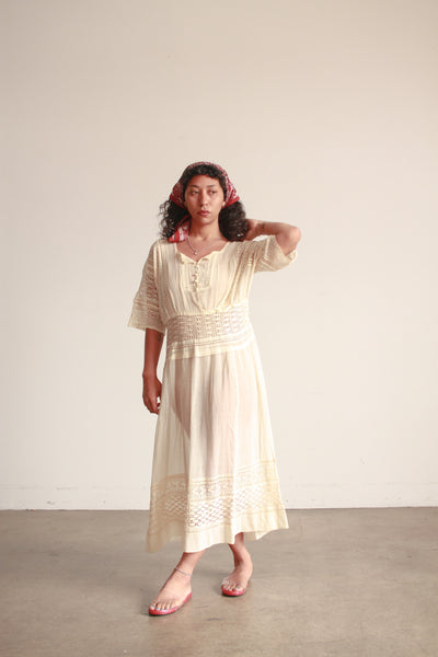 Edwardian Ecru Cotton Voile Crochet Inset Dress