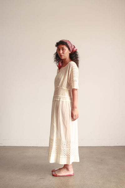 Edwardian Ecru Cotton Voile Crochet Inset Dress